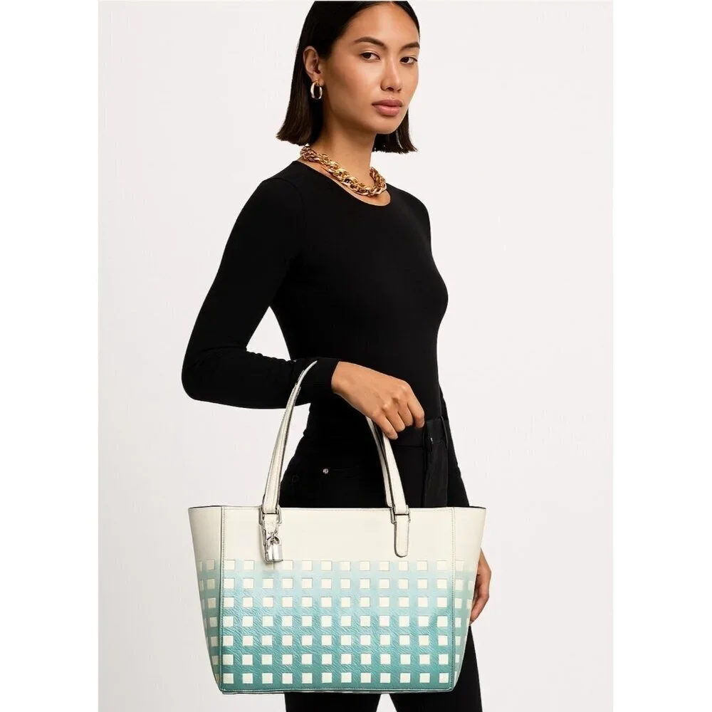Coach Madison Gingham Leather tote blue purse bag